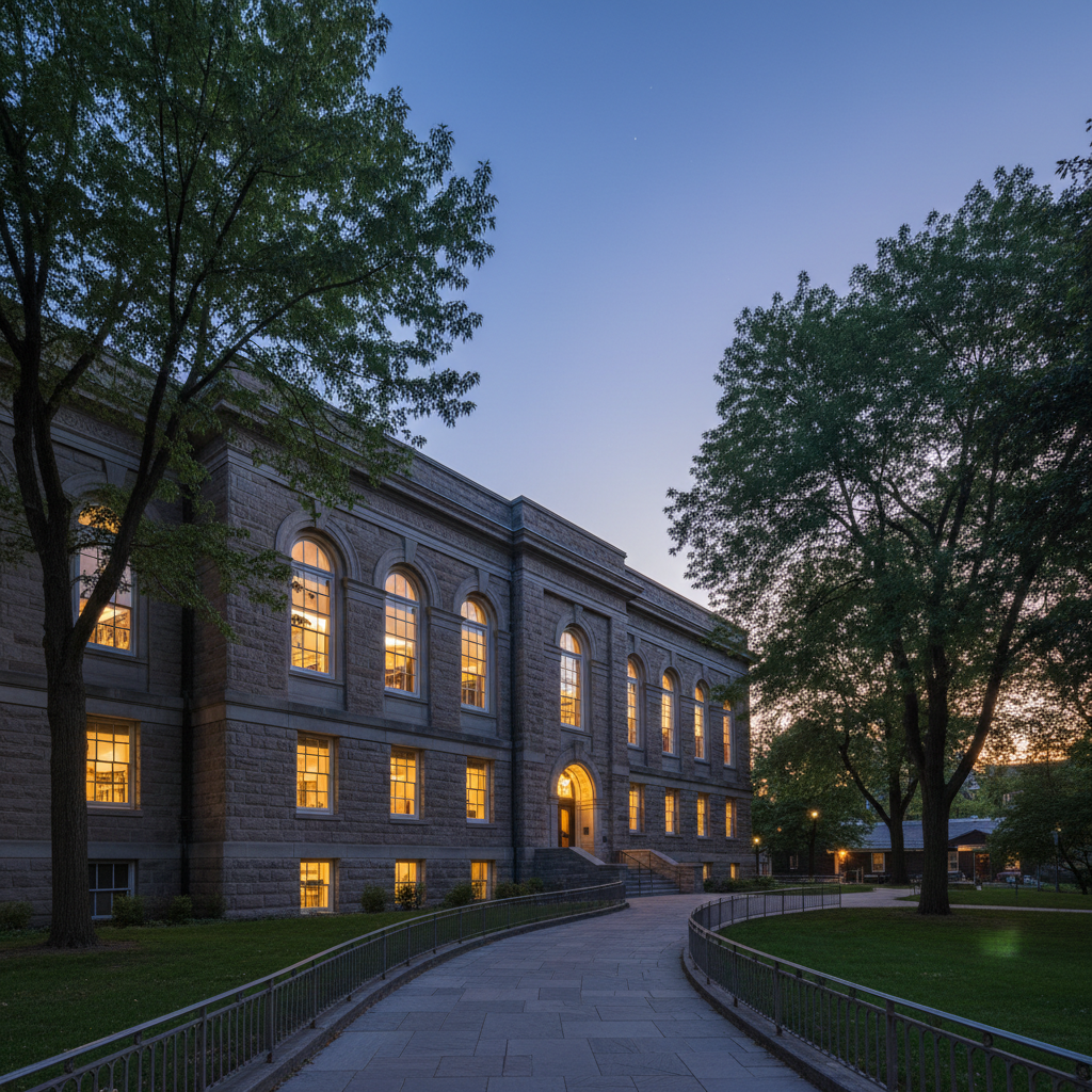 An exterior, photographic view of a stately Canadian university library at dusk, subtly suggesting a home for the Leonard Cohen archives without showing any text or signage. The building’s stone façade, tall arched windows, and understated architectural details are bathed in a soft blue twilight, while warm light glows from within, hinting at collections safeguarded inside. A few mature trees frame the scene, their leaves gently catching remnants of daylight. The sky is a deep gradient from indigo to pale blue, with the first stars barely visible. Shot from a ground-level angle slightly off-center, the composition uses leading lines of a stone path and low, elegant railings to guide the eye toward the illuminated entrance. The mood is dignified, contemplative, and aspirational.