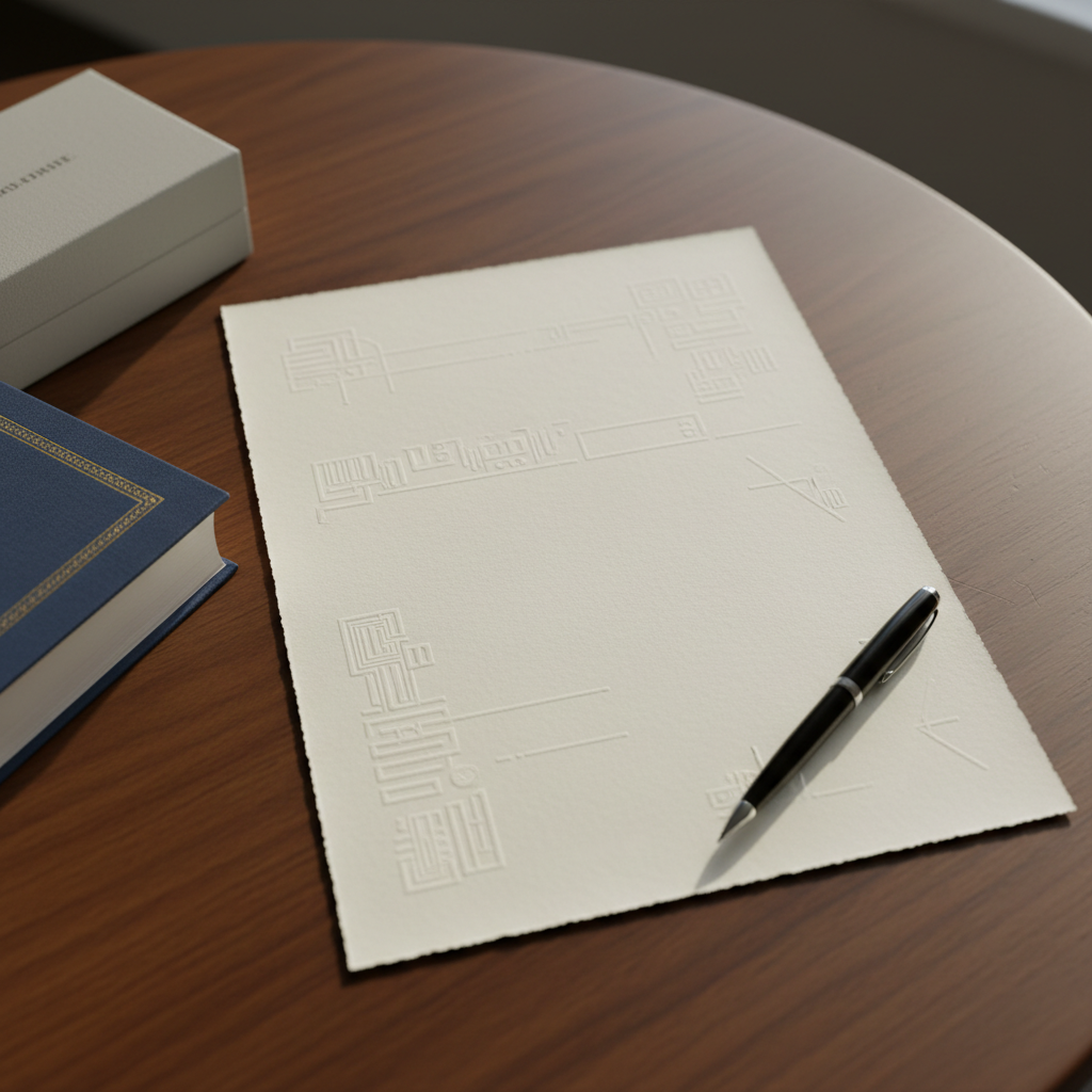 A symbolic, photographic close-up of a preservation pledge for Leonard Cohen’s archives, represented without readable text. On a smooth, dark wood table rests a single cream-colored sheet of heavyweight paper with embossed edges, its surface containing faint, illegible lines of writing. A sleek, black archival-quality pen lies diagonally across the lower corner of the page. Nearby, a small, closed archival box and a corner of a cloth-bound book gently enter the frame, hinting at the materials being protected. Soft, directional window light from the right creates delicate highlights along the paper’s texture and gentle shadows beneath the pen. Captured from an overhead angle with a tight, minimalist composition, the mood is solemn yet hopeful, evoking thoughtful advocacy and formal commitment to preservation.