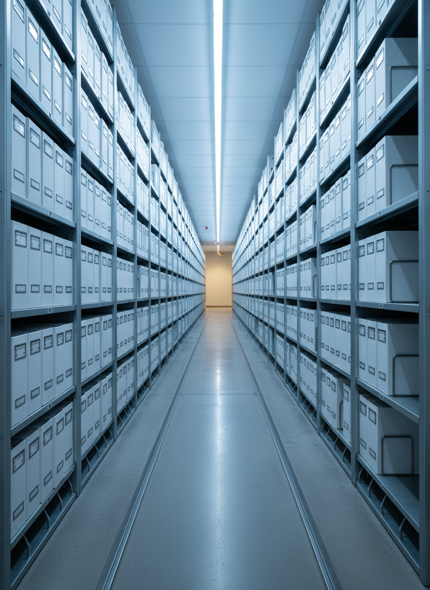A serene, photographic view of a climate-controlled archival vault in a Canadian cultural institution, symbolically safeguarding Leonard Cohen’s legacy. Long rows of compact mobile shelving stretch into the distance, filled with uniform archival cartons and protective binders, all label-facing but without readable text. The cool, bluish-white overhead lighting creates crisp, clean illumination, reflecting subtly off the metal tracks on the floor and casting narrow, parallel shadows. The air feels still and hushed, evoking permanence and protection. Shot from a low, central perspective down the corridor, the composition uses strong leading lines and deep focus to draw the eye toward a softly lit vanishing point, conveying both the scale of the collection and a quiet sense of endurance over time.